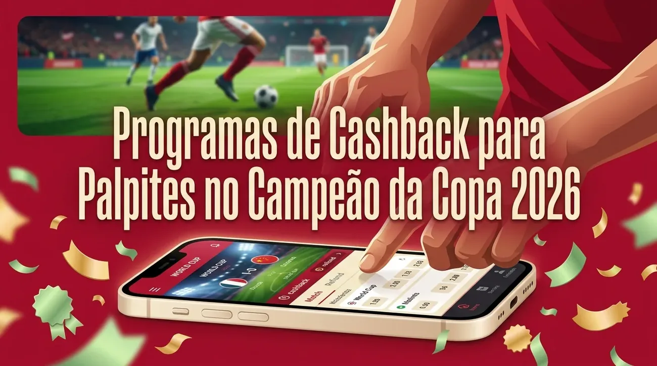 Mãos apostando em telefone com futebol de fundo, destacando programas de cashback.